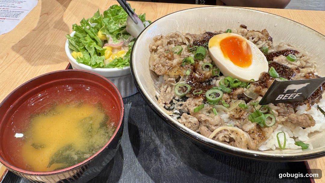 Beef Bowl with Side Salad and Miso Soup