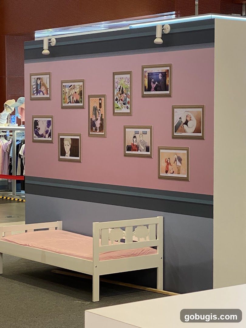 Anime-themed display with a bed