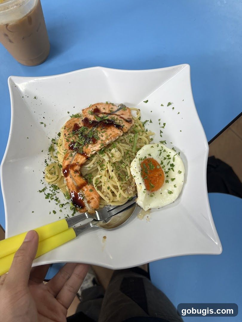 Salmon Pasta with Fried Egg