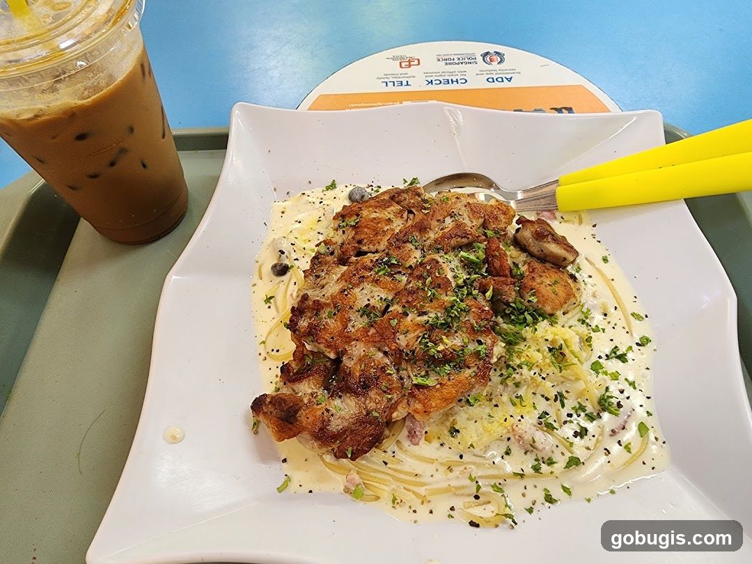 Chicken Carbonara with Iced Coffee