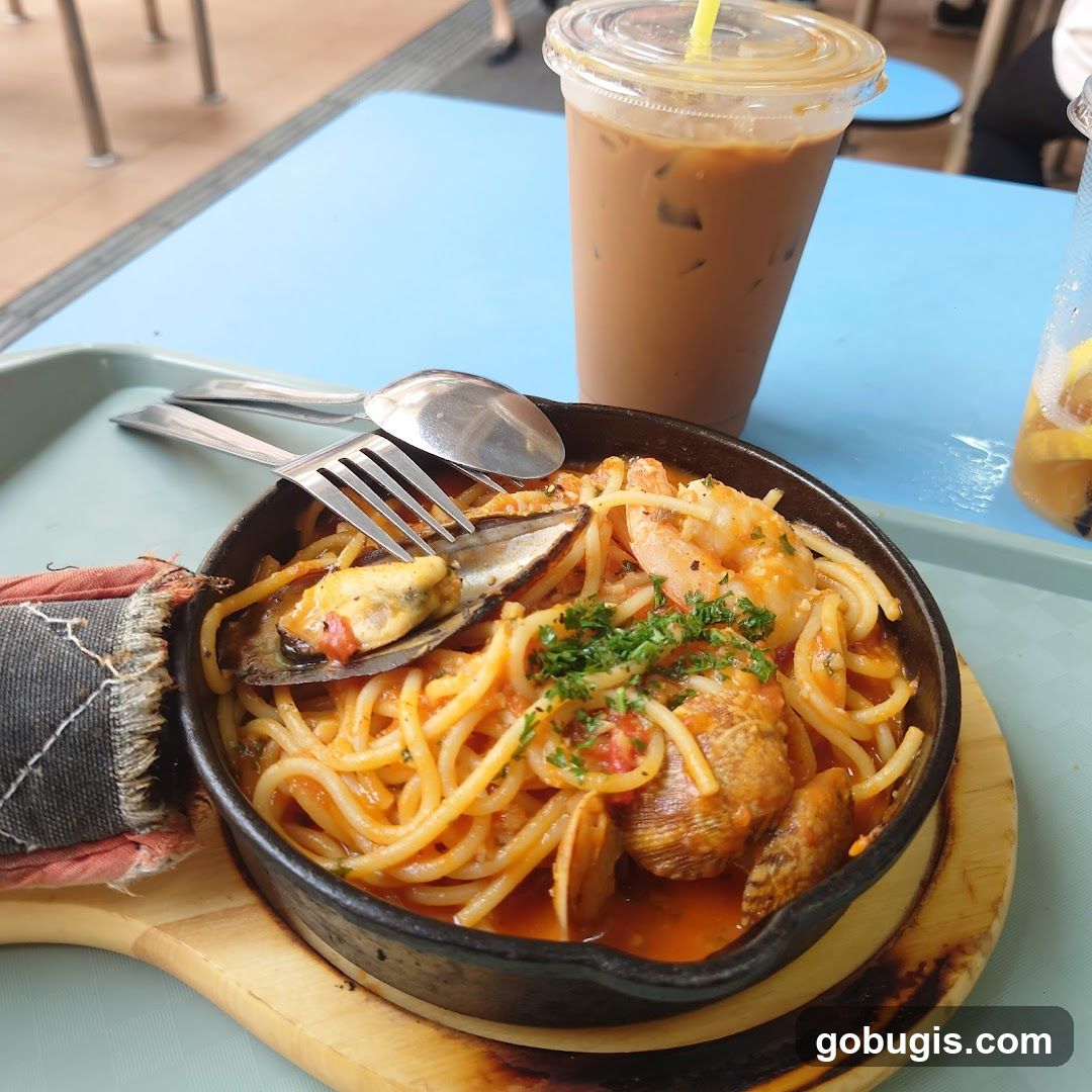 Seafood Pasta with Iced Coffee