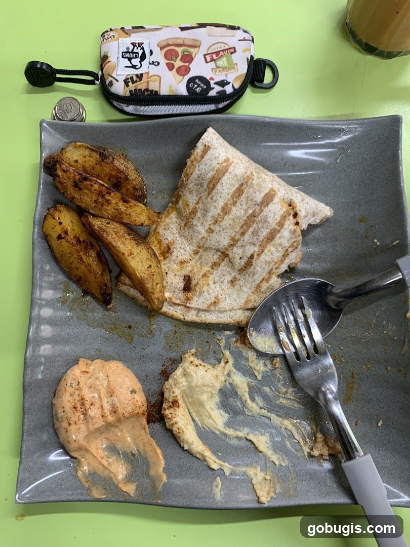 Half-eaten wrap with potato wedges and dips
