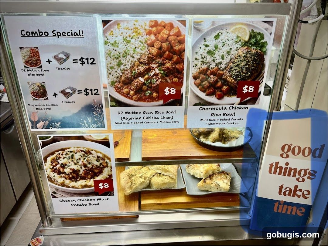Food display with combo specials and individual dishes