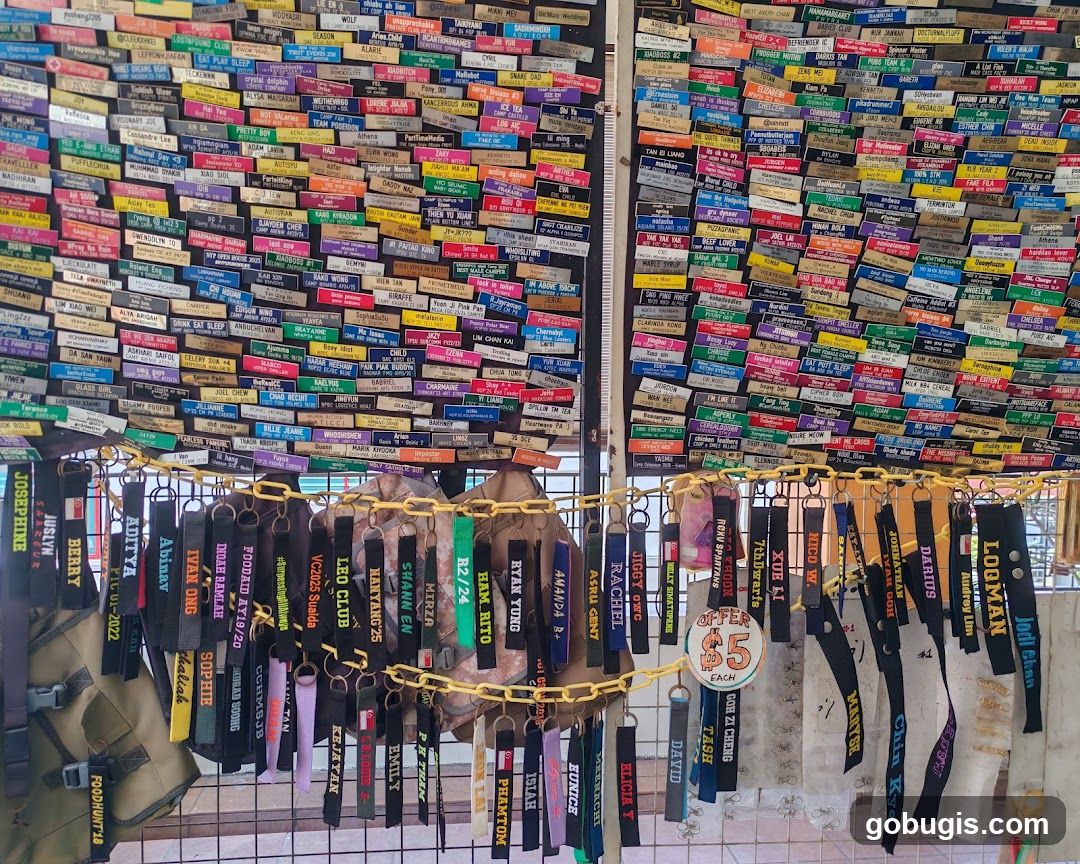 Wall of personalized keychains and signs