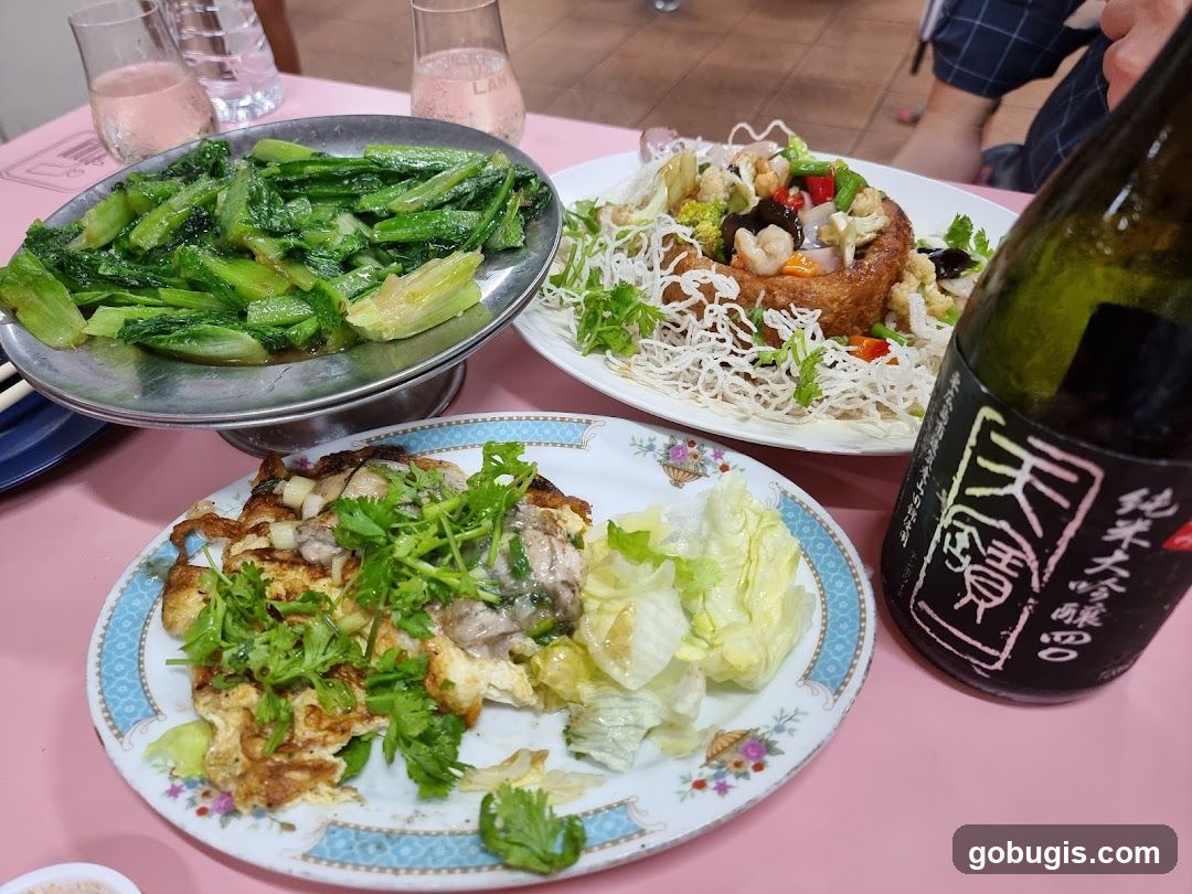 Oyster Omelette and Stir-fried Greens