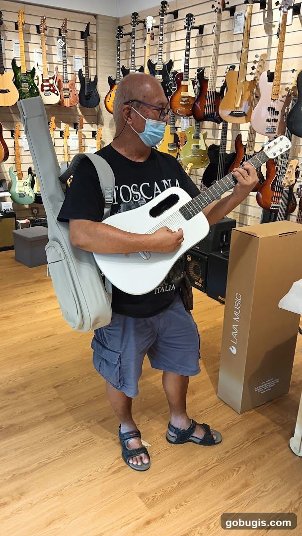 Man holding a white guitar in a music store