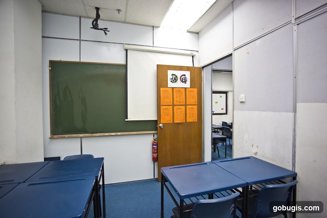 Classroom with desks and a whiteboard