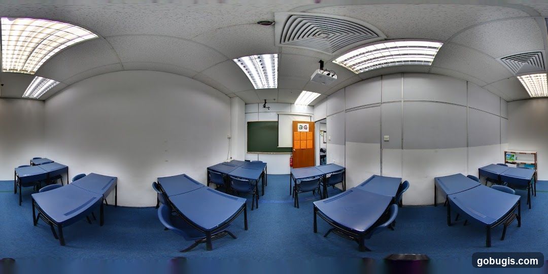 Classroom with blue desks