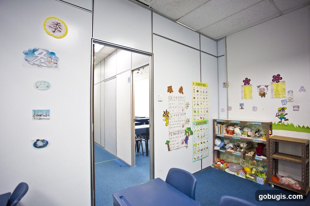 Classroom with educational posters and stuffed animals