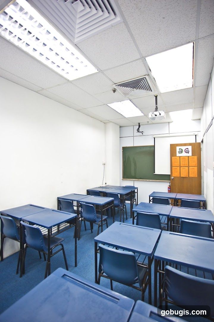 Classroom with blue desks and chairs
