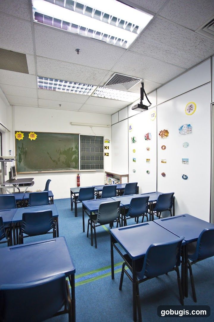 Classroom with blue desks and chairs