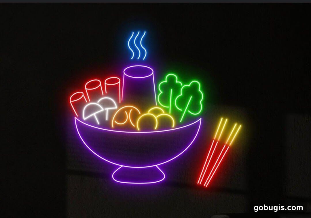 Neon Sign of Food and Chopsticks
