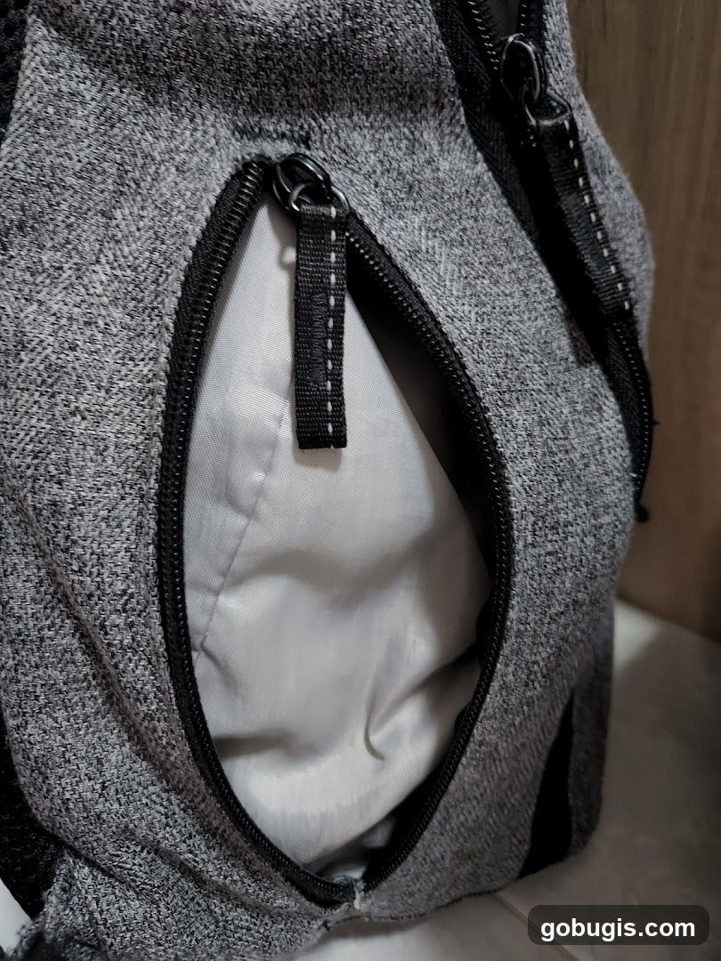 Close-up of a gray backpack pocket