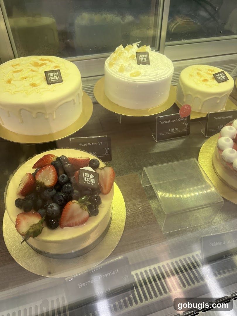Cakes in a display case