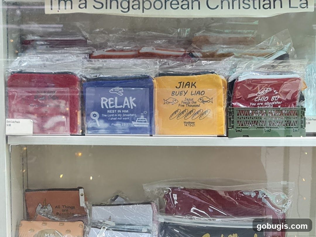 Pouches with Singaporean phrases and religious quotes