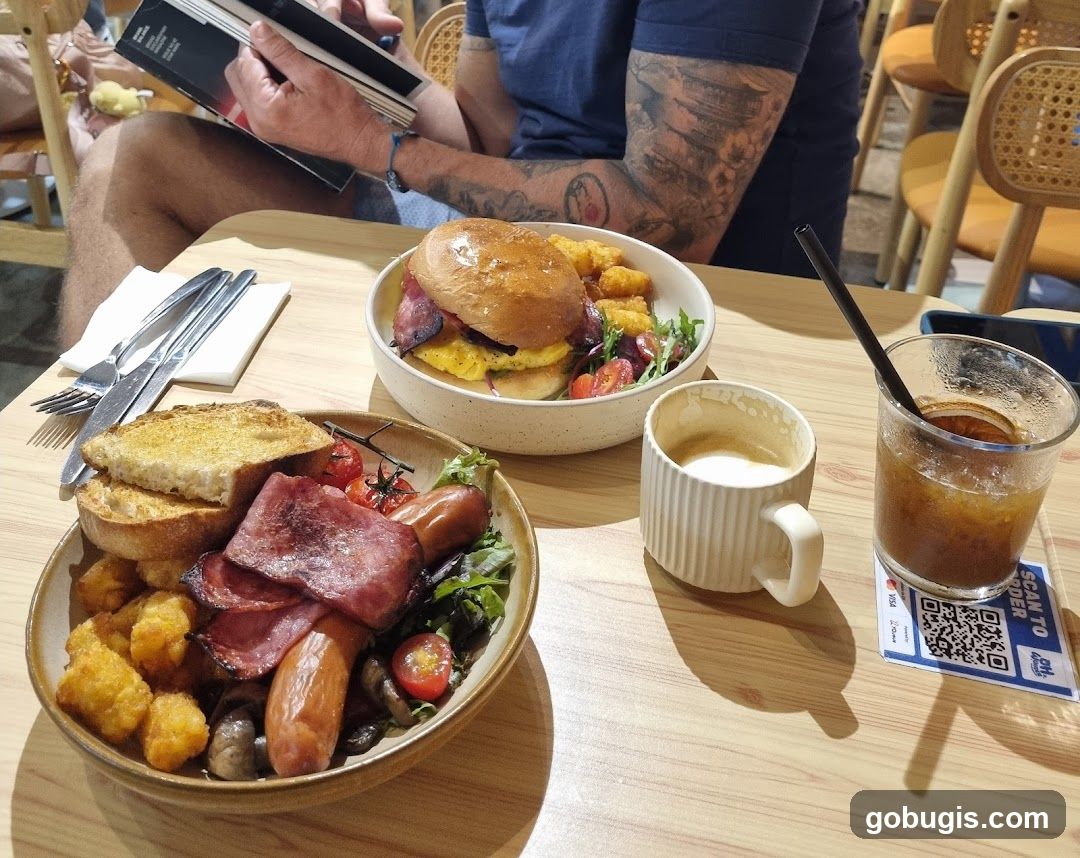 Breakfast spread with coffee and iced drink