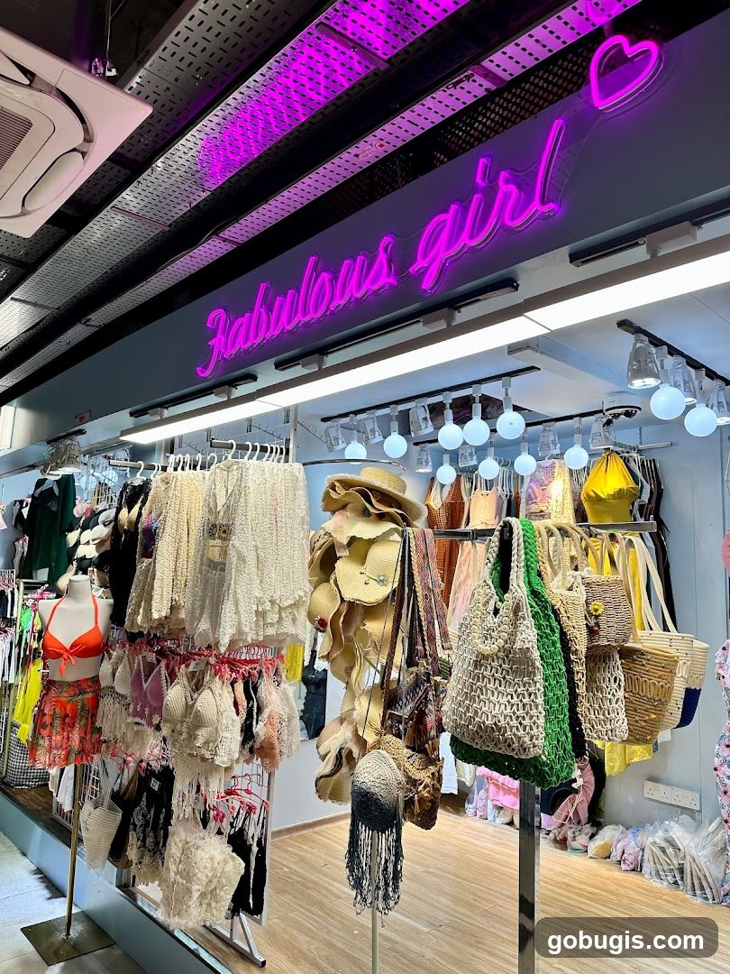 Clothing store interior with neon sign