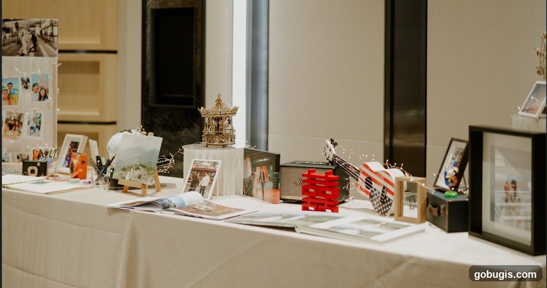 Table with photos and decorative items