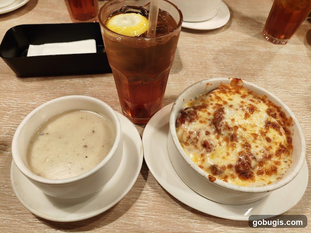 Baked Dish and Soup with Iced Tea