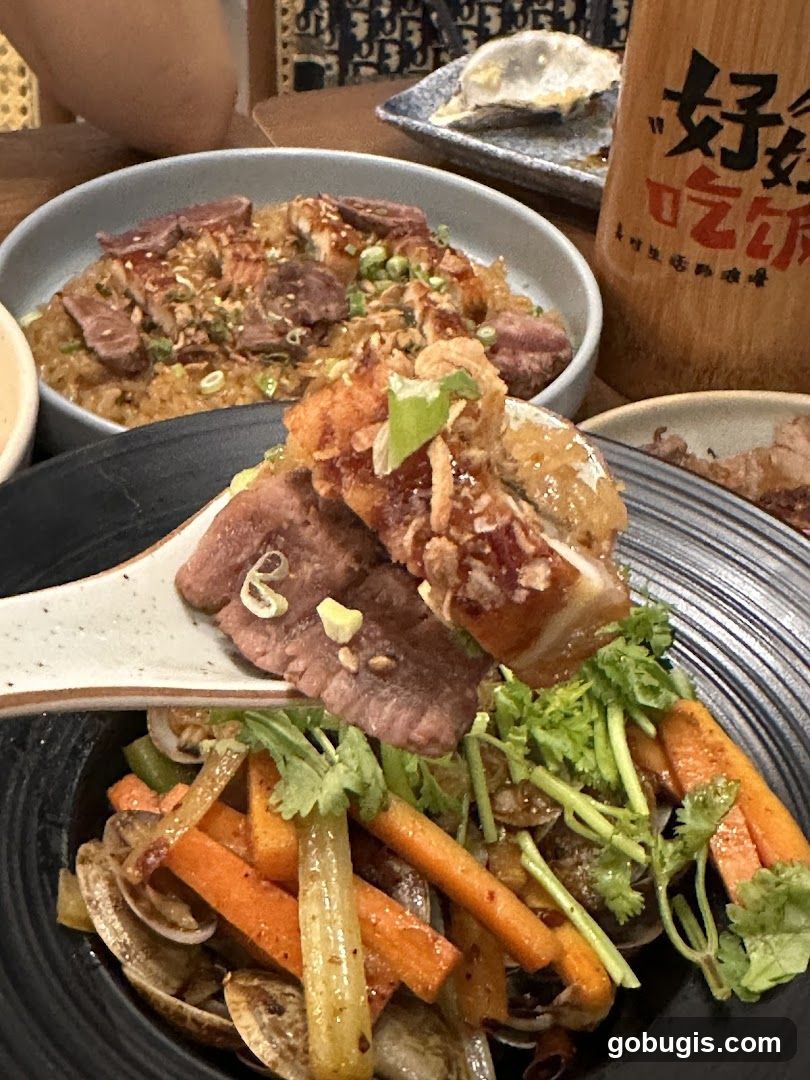 Close-up of a meal with meat and vegetables