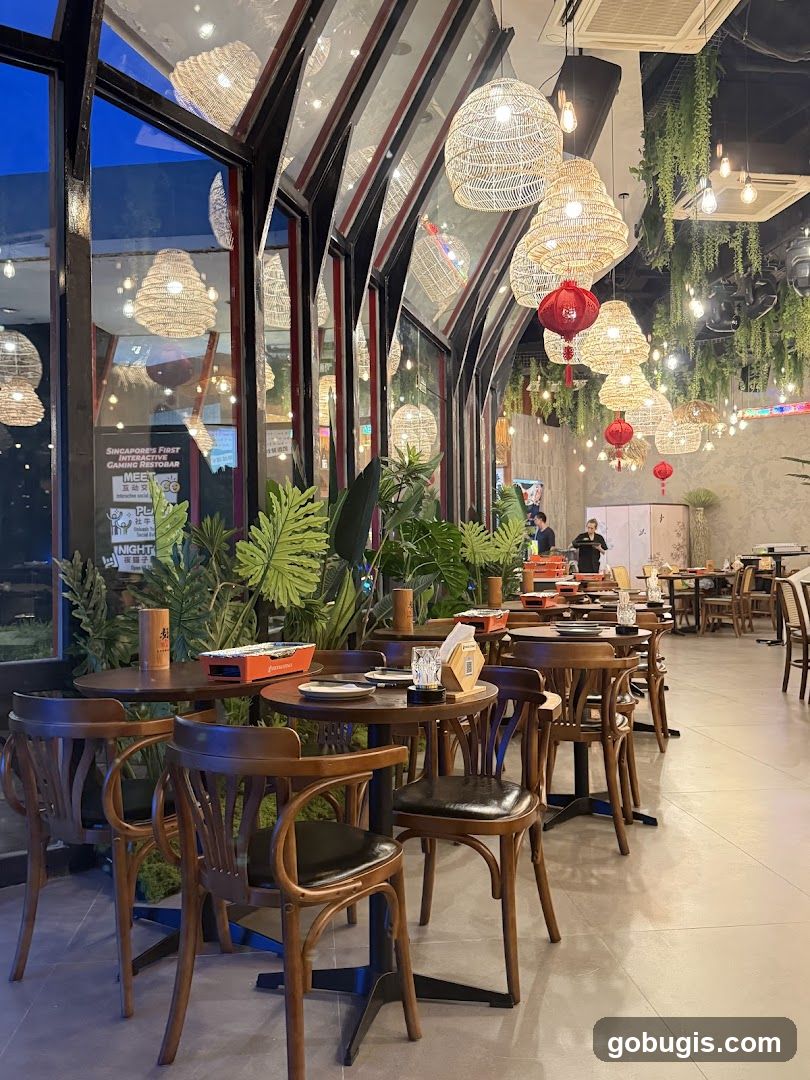 Restaurant Interior with Woven Lamps