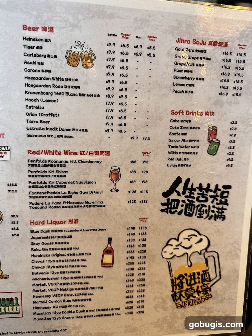 Beer, Wine, Soju, Soft Drinks, and Hard Liquor Menu