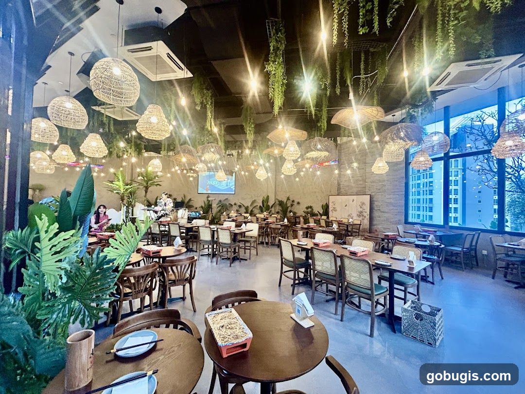Restaurant Interior with Hanging Plants and Wicker Lamps