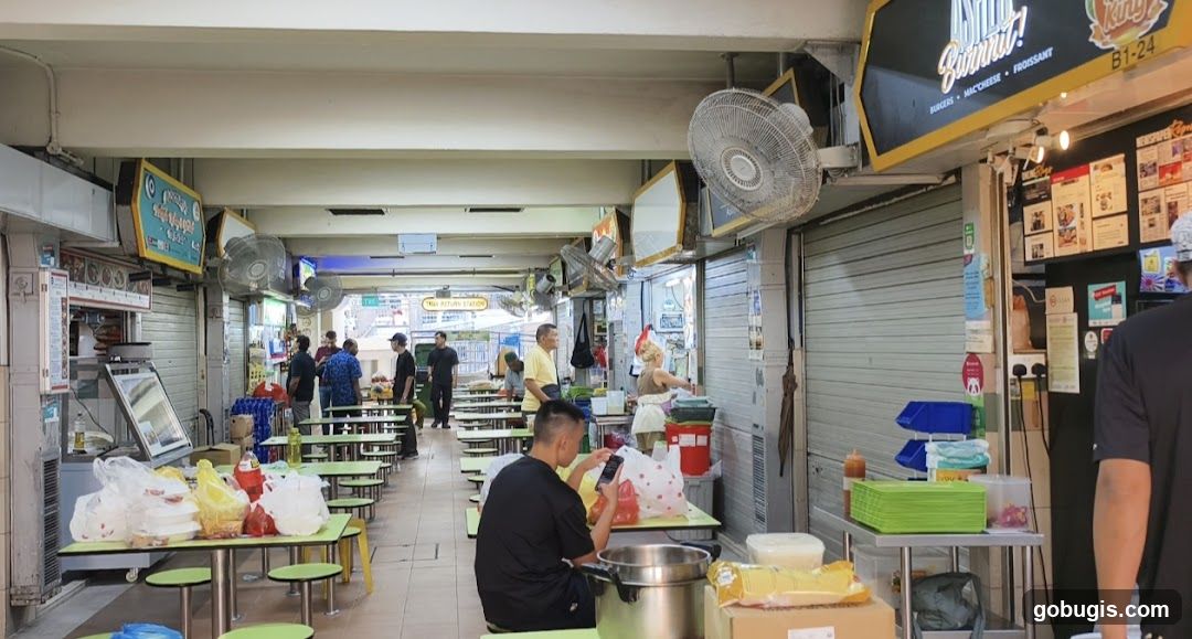 Food court with tables and people