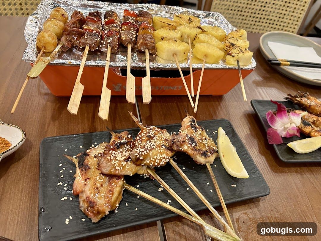 Skewers of grilled food