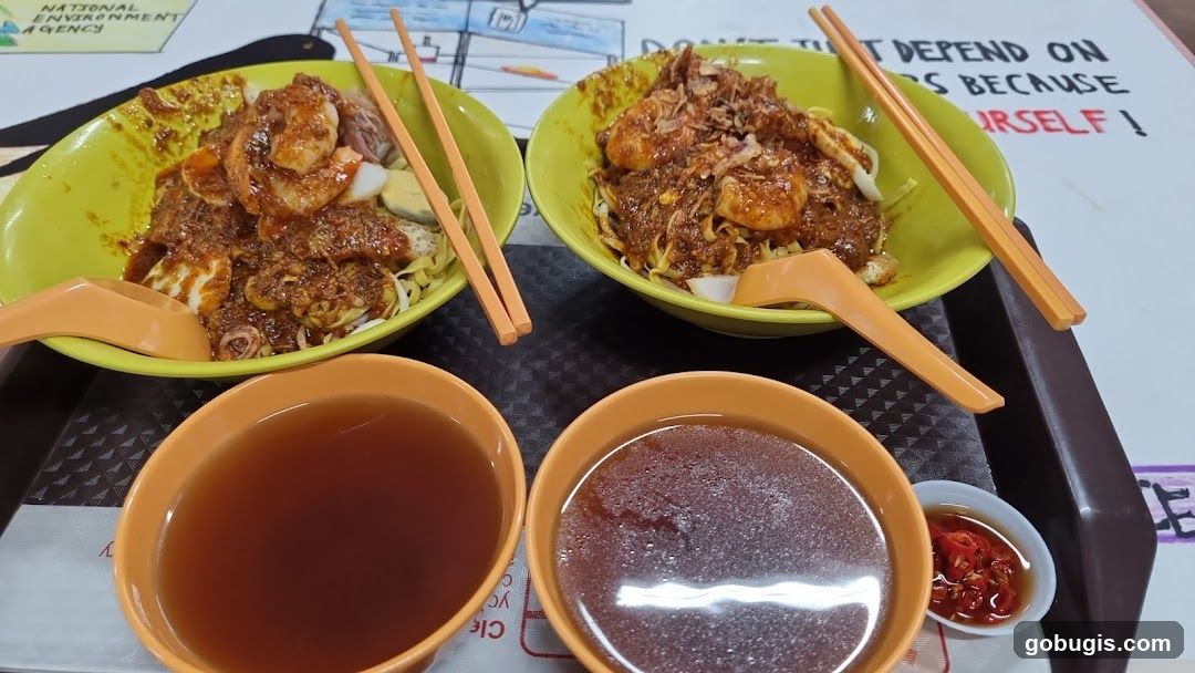 Two bowls of noodles with soup