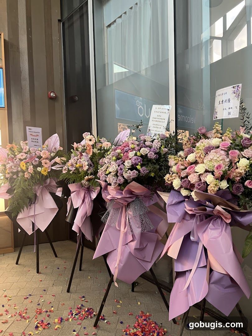 Flower arrangements outside a business