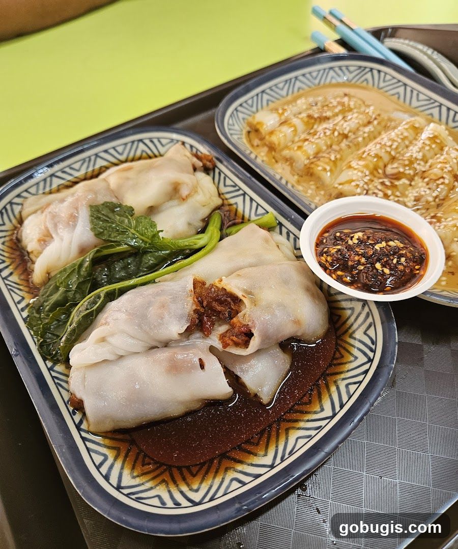 Cheung Fun with Chili Oil and Sesame Sauce