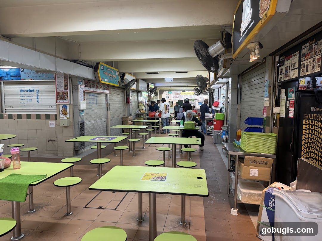 Food court with tables and stalls