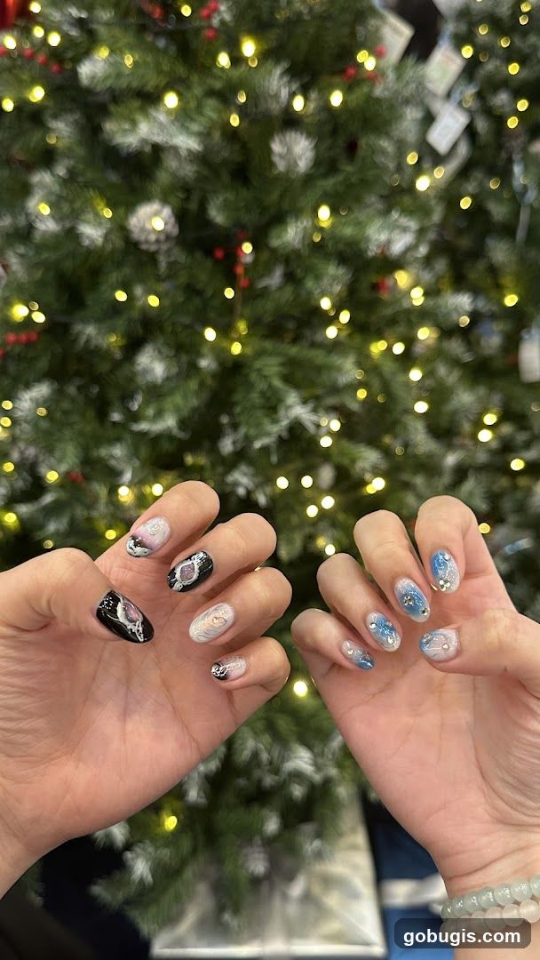 Nail Art Displayed in Front of Christmas Tree