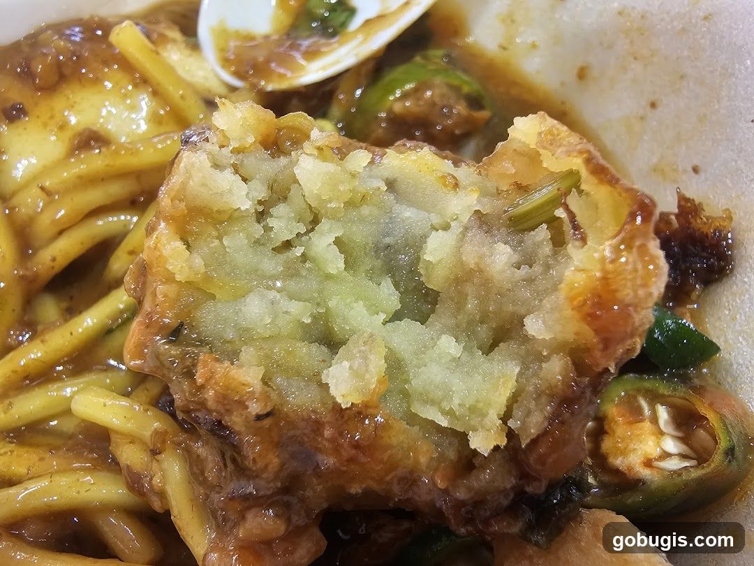 Close-up of a dish with noodles and a fried item