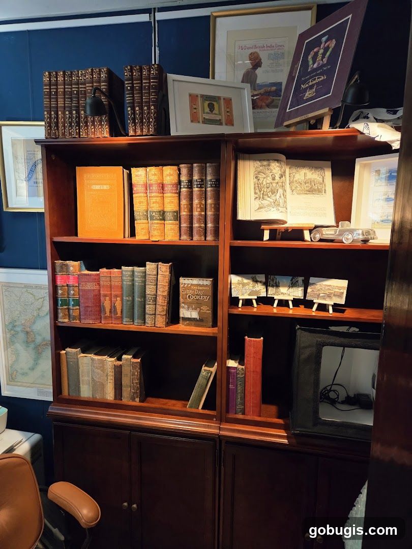 Bookshelf with antique books and artwork