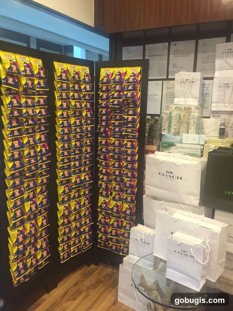 Display of snacks and shopping bags