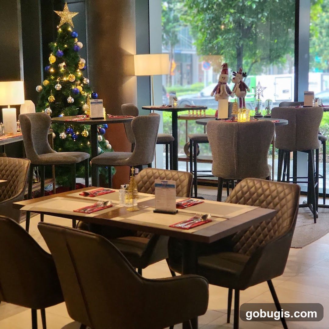 Restaurant interior decorated for Christmas
