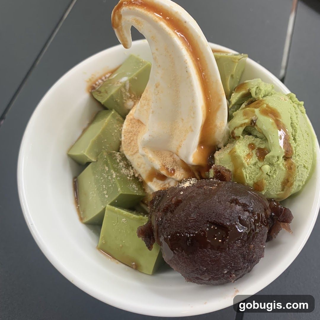 Matcha dessert with soft serve and red bean paste