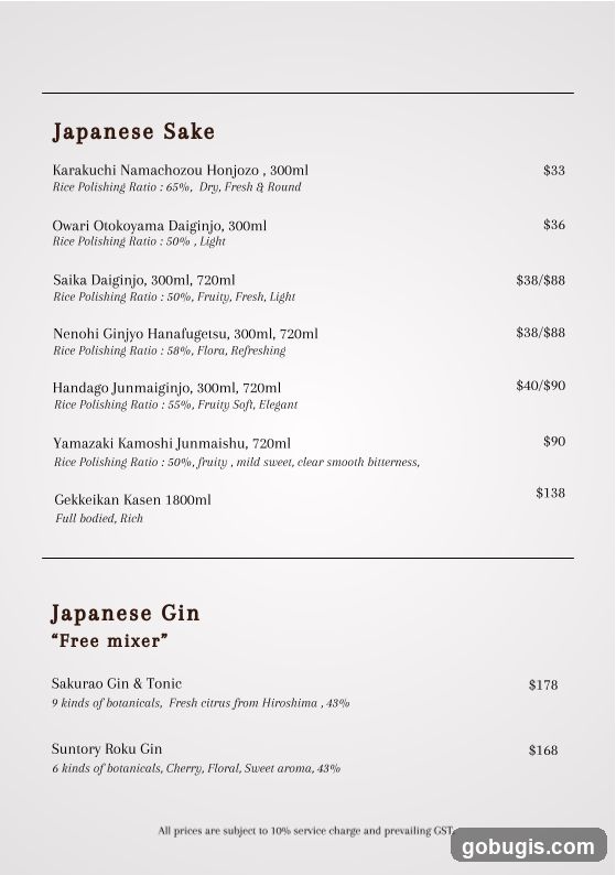 Japanese Sake and Gin Menu