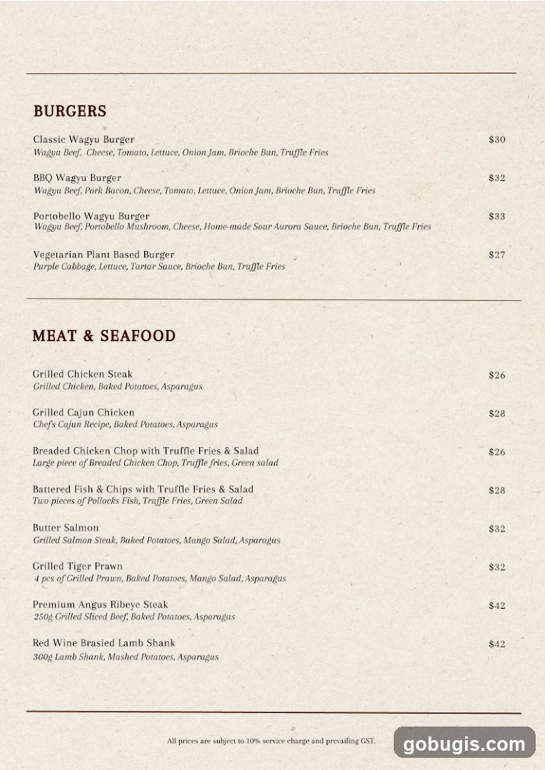 Burgers and Meat & Seafood Menu