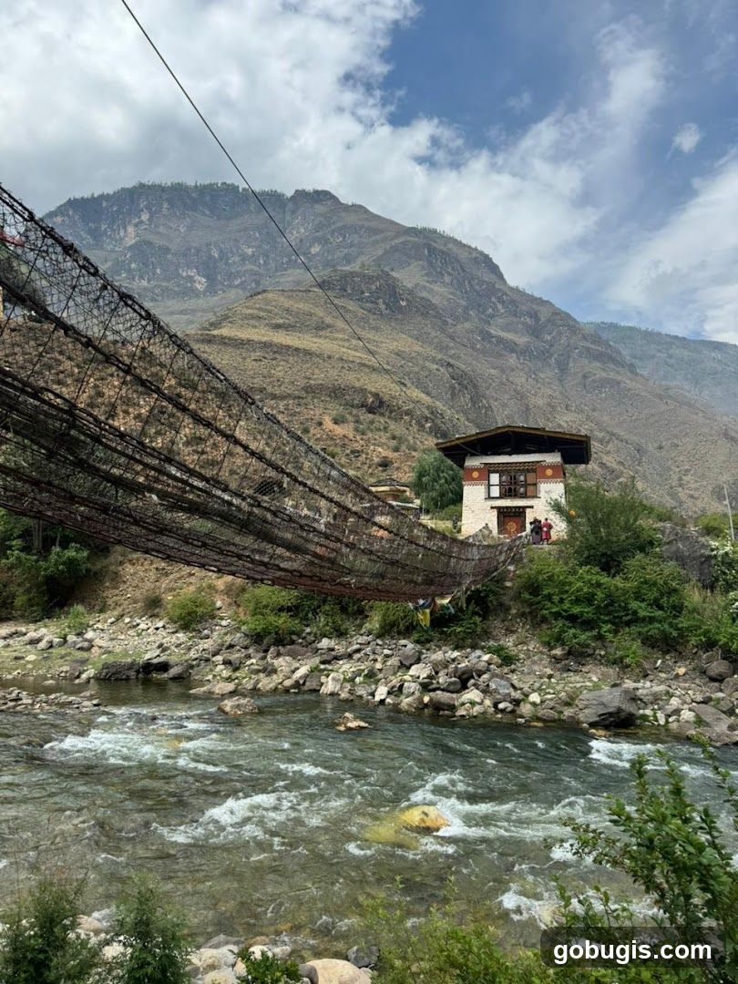 Suspension bridge over a river with a building in the background