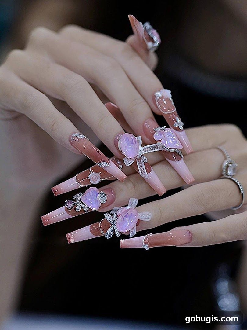 Elaborate Coffin Nails with Rhinestones and Bows