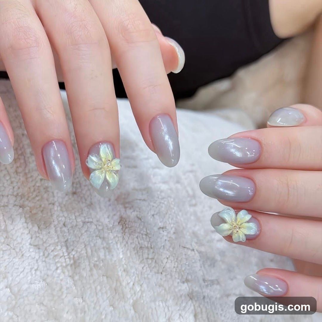 Pearlized Nails with Floral Embellishments