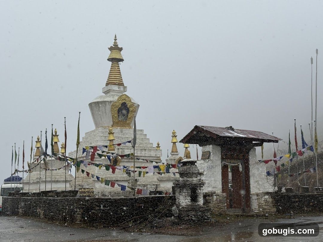 Buddhist Stupas and Prayer Flags in Snow
