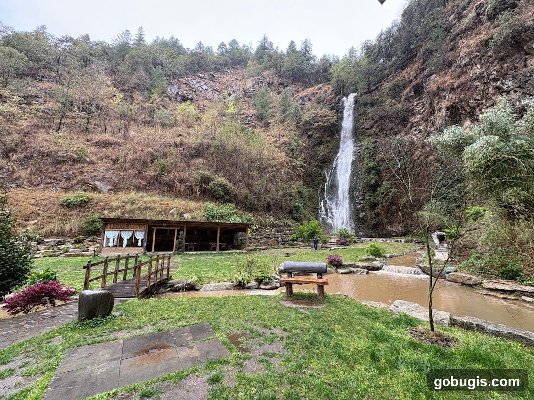 Waterfall and Rustic Structures