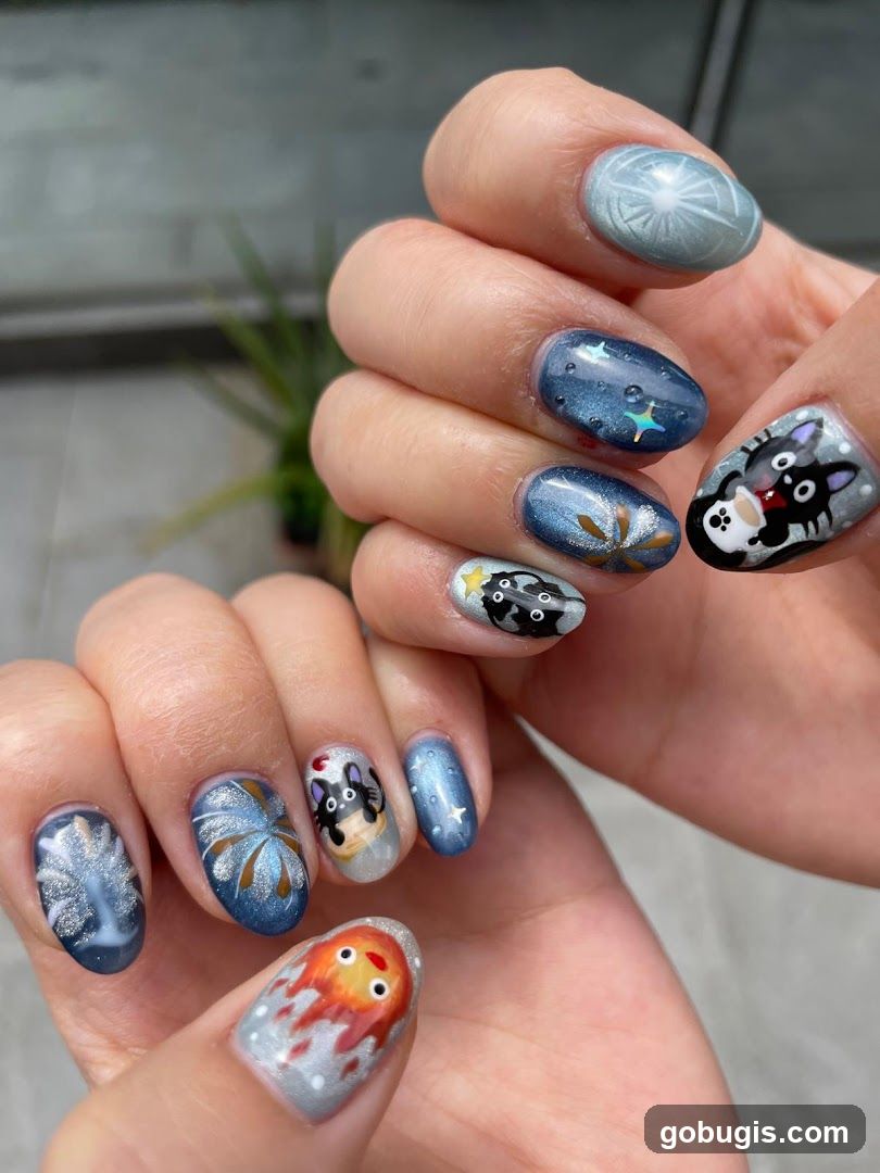 Nail Art with Cartoon Characters and Celestial Designs