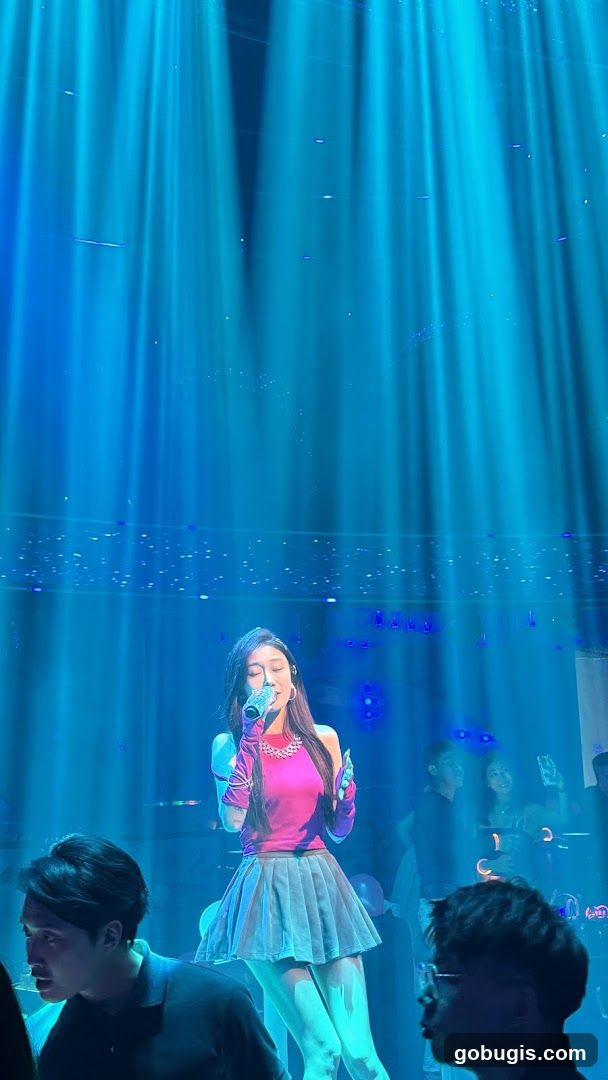 Singer performing on stage with blue spotlights