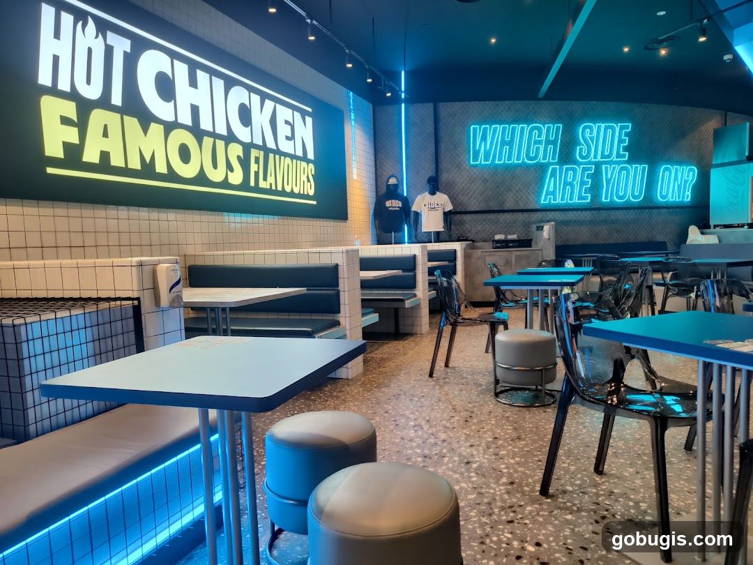 Restaurant Interior with Neon Signs