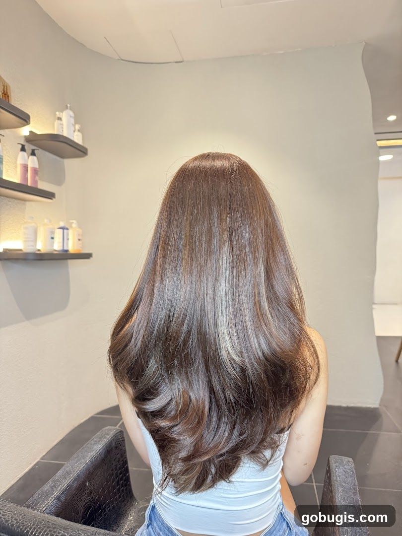 Woman with long, styled brown hair